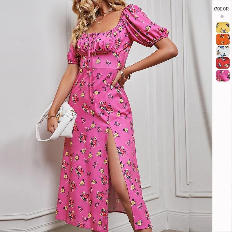 Deal Mania Split Floral Print Drawstring Midi Dress