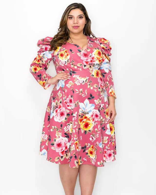 Online Only Kourtney Floral Flare Dress | Mauve/Pink/Blue Floral
