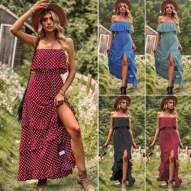 Price Smash Spring/Summer Sexy Polka Dot One-Shoulder Slit Dress