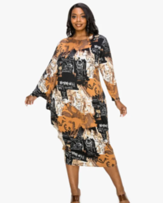 Act Fast Aries Asymmetrical Sleeve Midi Dress | Black/Taupe