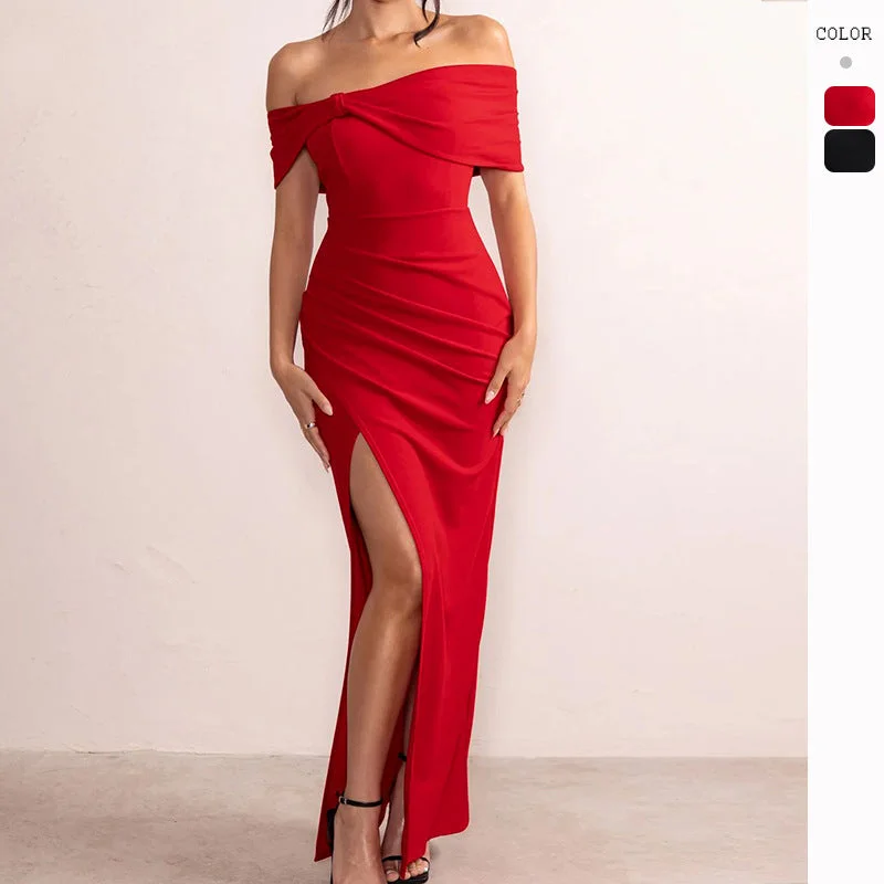 Extra Discounts Sexy Short Sleeve Off-Shoulder Butterfly Knot Slit Dress