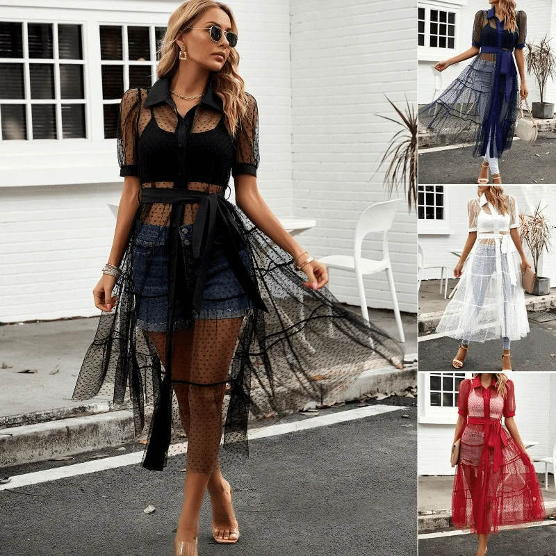 Limited Time Discount Sheer Mesh Perspective A-line Waist-Cinching Short Sleeve Dress