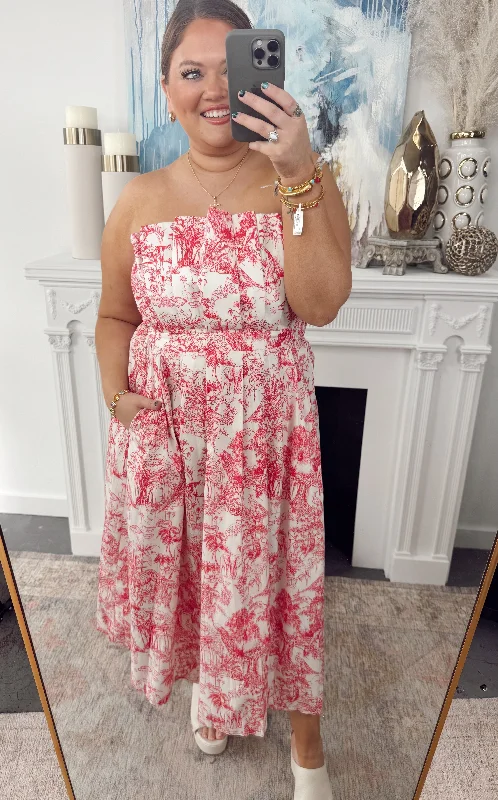 New Deals Magenta Toile Pleated Detail Midi Dress