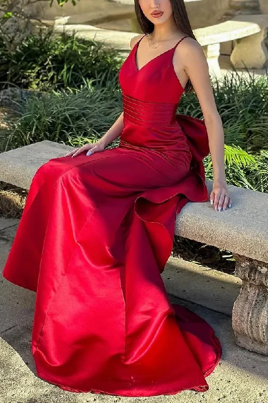 Low Prices Spaghetti Straps V-Neck Satin Mermaid Formal Prom Dress with Big Bow