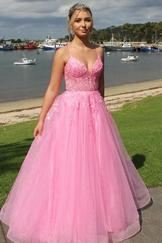 While Supplies Last Pink A-Line V-Neck Spaghetti Straps Appliques Prom Dress