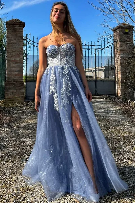 Steals and Deals Sweetheart A-Line Strapless Lace Appliques Prom Dress with Slit