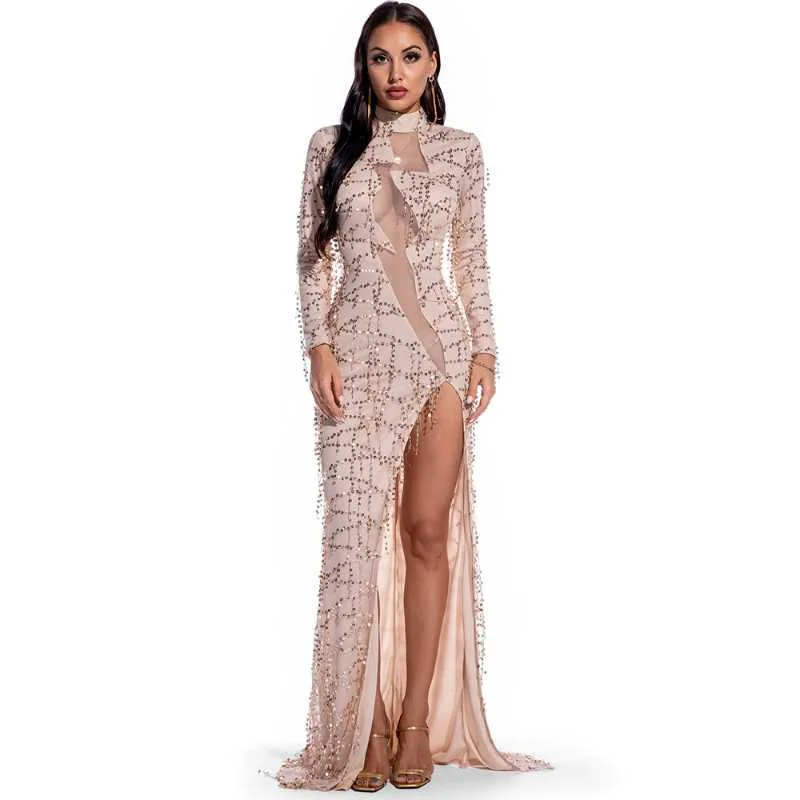 Special Discount Sexy Vintage Long Sleeve Perspective Sequin Dress