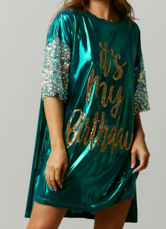 Major Savings Turquoise Sequin It's My Birthday Iridescent Shirt Dress