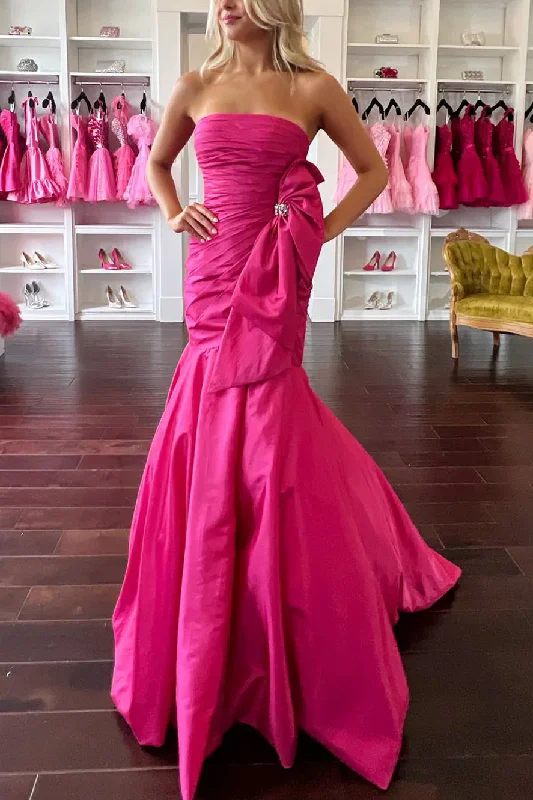 Bargain Bin Pink Strapless Satin Pleated  Big Bow Mermaid Formal Prom Dress