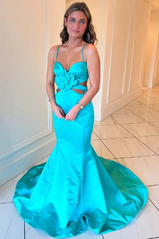 Friends and Family Sale Spaghetti Straps Mermaid Flower Sleeveless Satin Prom Dress Friends and Family Sale Spaghetti Straps Mermaid Flower Sleeveless Satin Prom Dress