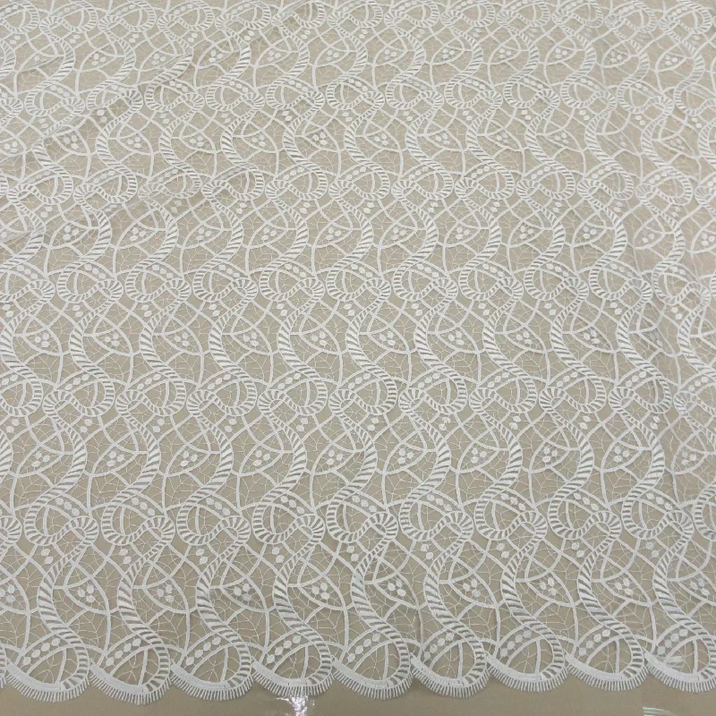 Big Savings White Corded Spiral Embroidered Double Scalloped Tulle Fabric