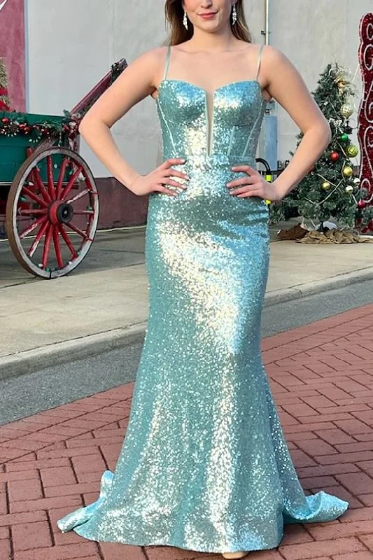 Must-Have Deals Sparkly Sequined V-Neck Spaghetti Straps Mermaid Prom Dress