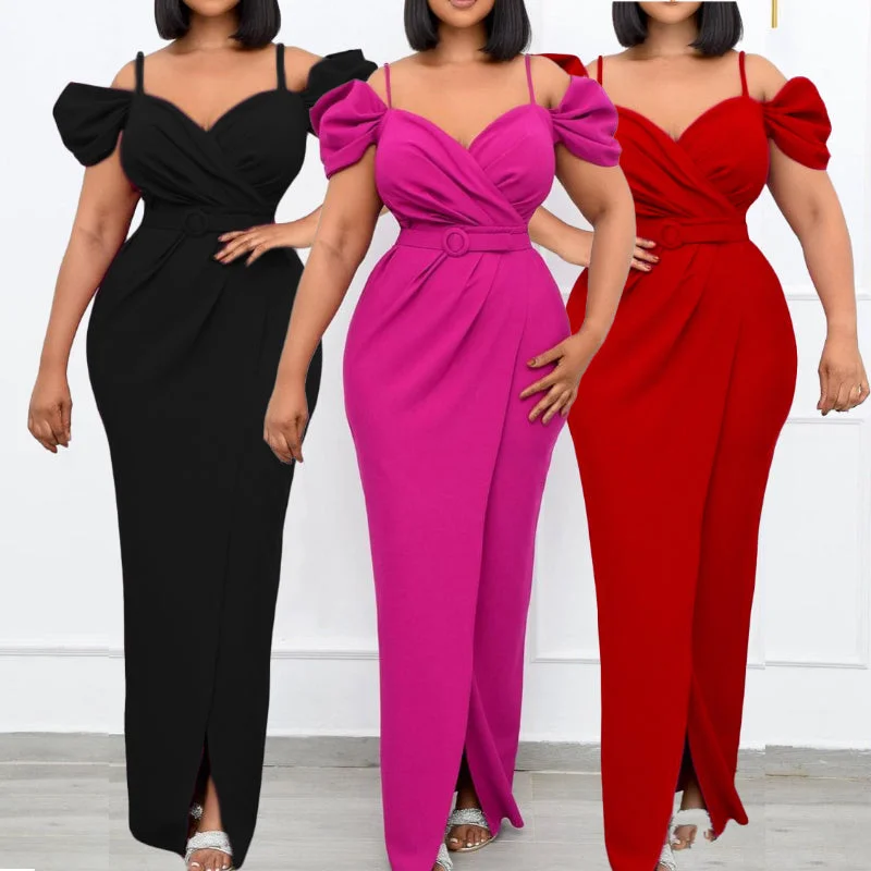 Deal Dash Solid Color V-Neck Sexy Bodycon Maxi Suspender Dress