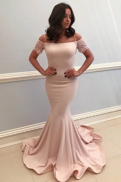 Price Meltdown Elegant Cold Shoulder Mermaid Satin Formal Prom Dress with Train