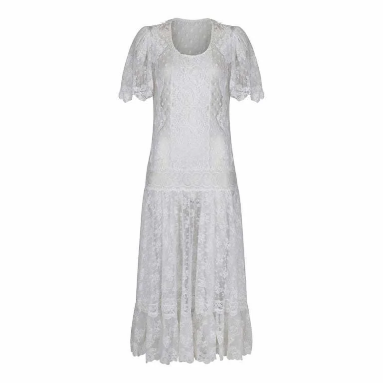 Bonus Savings 1970s Swiss Dot and Chantilly Lace Dropped Waist Dress