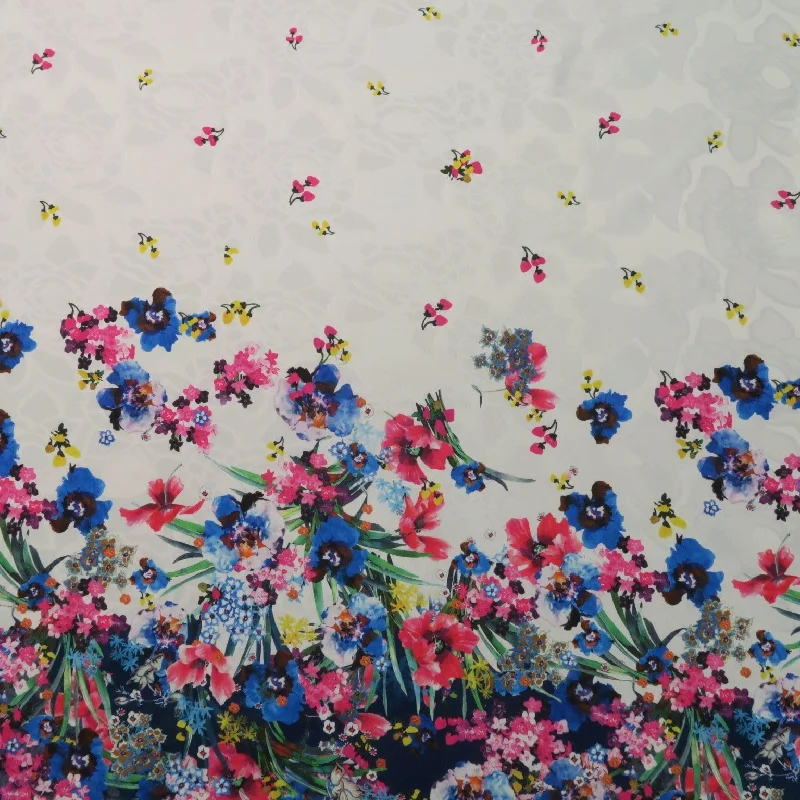 Super Sale Blue Floral on White Printed Polyester Mikado Fabric