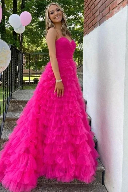 Shop and Save Hot Pink Spaghetti Straps Layered Tulle Sweetheart Long Prom Dress