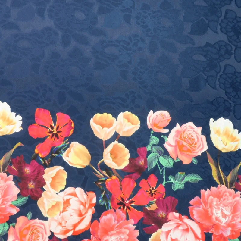 Special Discount Pink Floral on Navy Printed Polyester Mikado Fabric