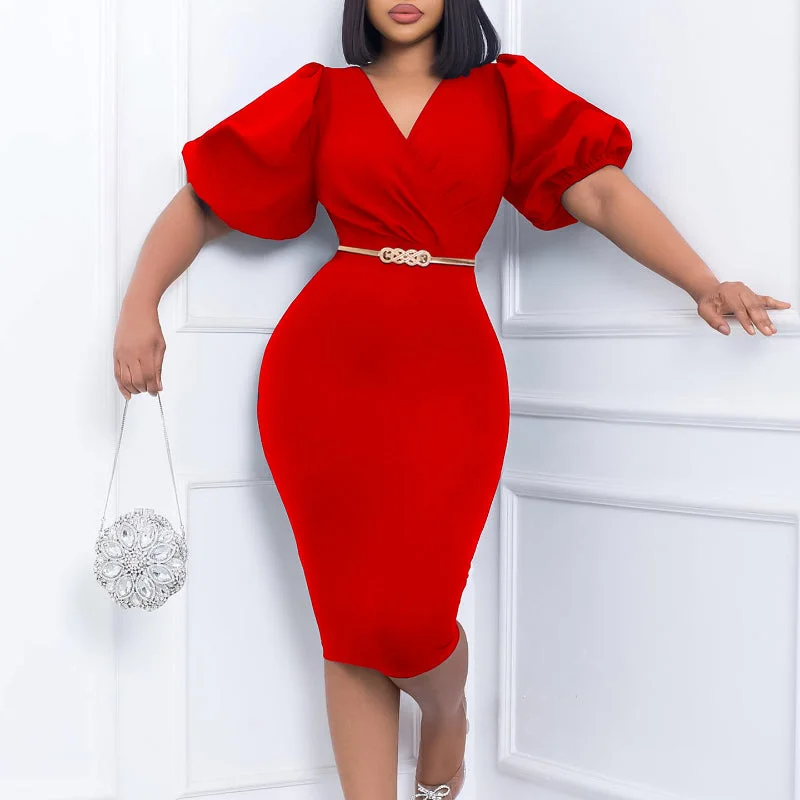 Don't Miss Chic Commuting Bubble Sleeve V-Neck Bodycon Dress