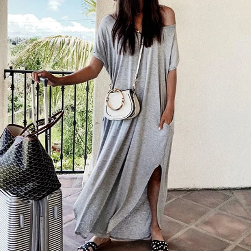 Limited Availability Fashionable Women's Short Sleeve Ribbed Loose Casual Split Dress