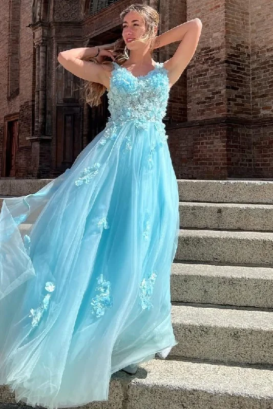 Reduced Prices A-Line V-Neck Straps Appliques Sleeveless Tulle Long Prom Dress