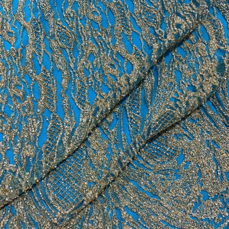 Price Meltdown Turquoise and Green with Gold Abstract Embroidered Tulle Fabric