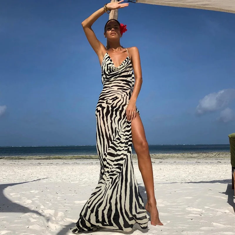 Steals and Deals Sultry Slit Halter Alluring Prints Maxi Dress