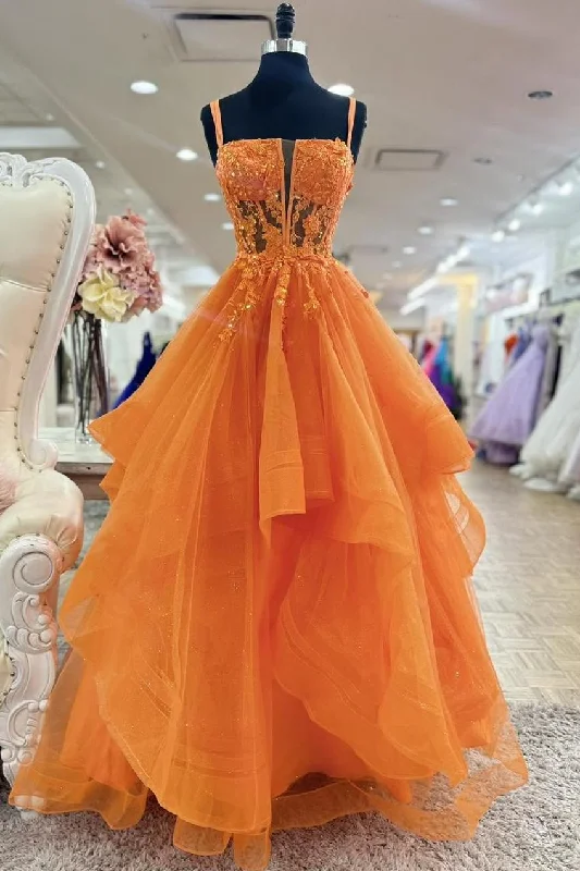Best Deals A-Line Spaghetti Straps V-Neck Appliques Ruffles Long Prom Dress