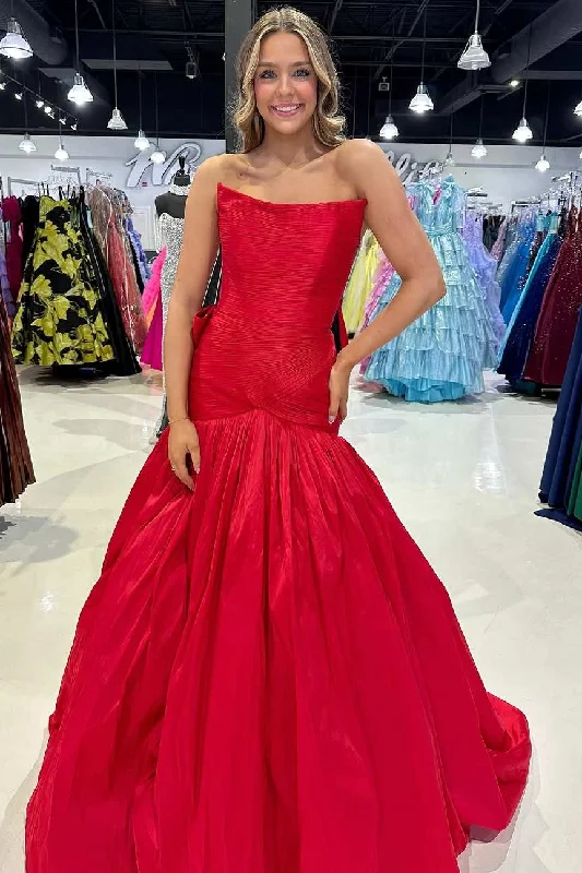 Exclusive Offers Red Strapless Scoop Neck Pleated Satin Mermaid Prom Dress with Bow Exclusive Offers Red Strapless Scoop Neck Pleated Satin Mermaid Prom Dress with Bow