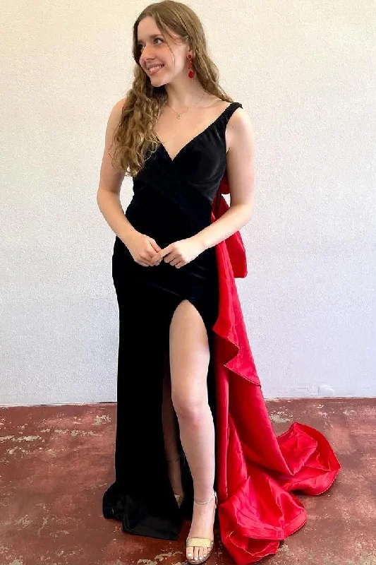 Mega Sale Mermaid V-Neck Straps Side Slit Big Bow Long Formal Prom Dress
