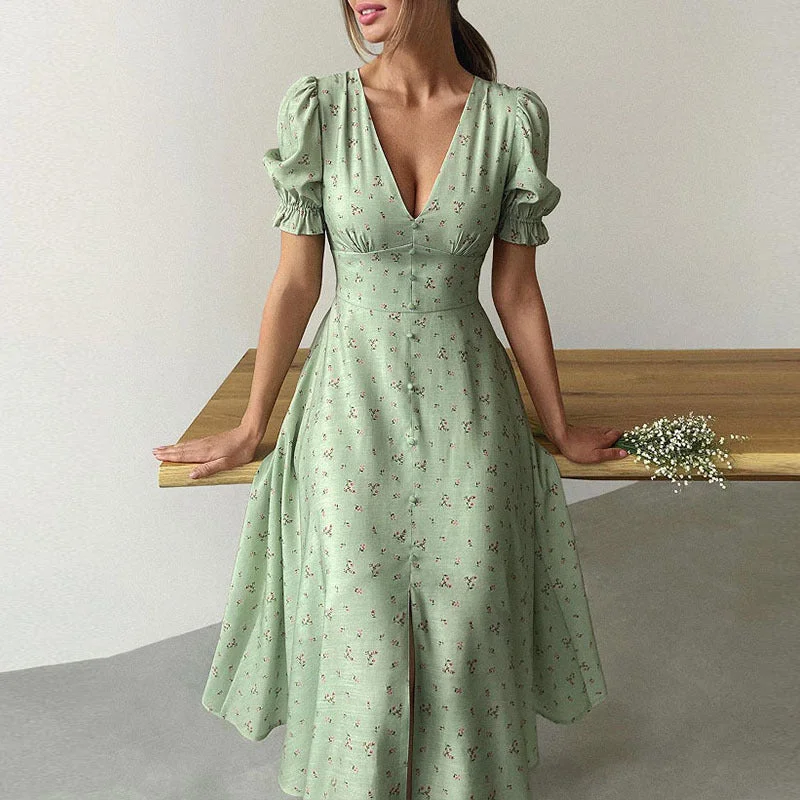 Flash Deals Lantern Sleeves Elegant Buckle Mid-length Dress