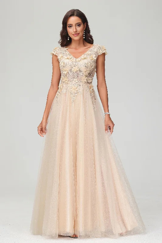 Best Bargains V Neck See-through Applique Tulle Floor Length Dress
