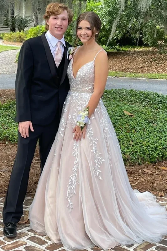 Price Rollback Champagne A-Line V-Neck Lace Appliques Pleated Formal Prom Dress