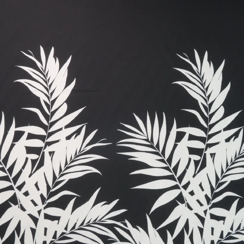 Bargain Prices White Leaves on Black Background Printed Polyester Mikado Fabric