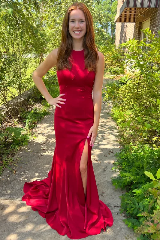 Deal of the Day Mermaid Scoop Neck Satin Pleated Sleeveless Formal Prom Dress with Train Deal of the Day Mermaid Scoop Neck Satin Pleated Sleeveless Formal Prom Dress with Train