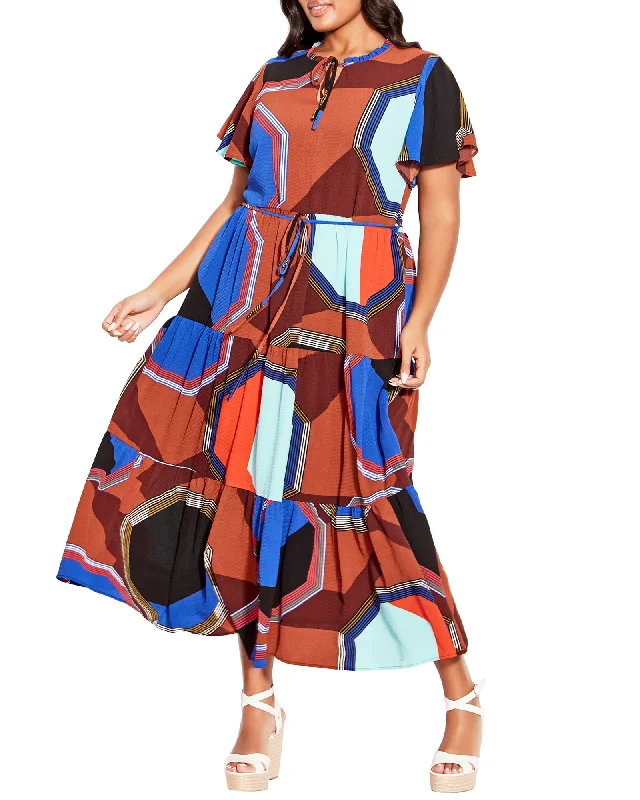Super Sale Tahlia Printed Tiered Dress | Terracotta / Royal Blue