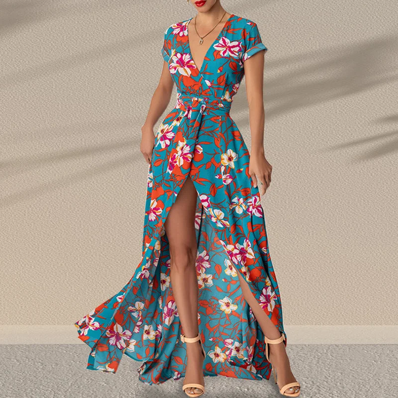 Bargain Prices New Fashionable Sexy Girl's Printed Belted Slit Dress