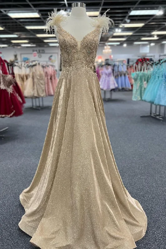 Overstock Gold A-Line V-Neck Appliques Feathers Pleated Glitter Prom Formal Dress