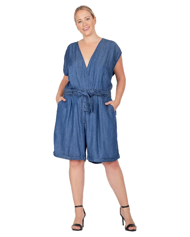 Sneak Peek Sale Deidra Cap Sleeve Chambray Romper | Indigo Rinse