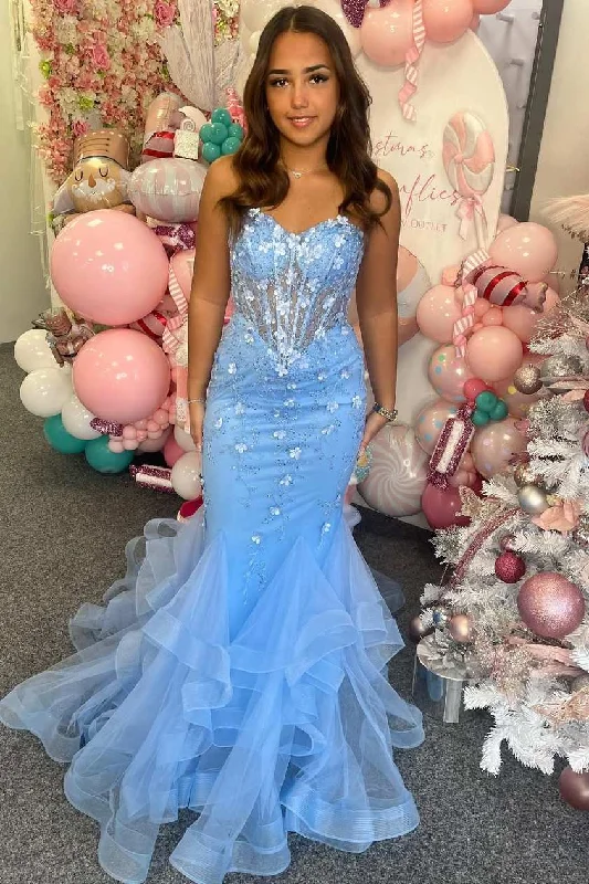 Factory Direct Sale Blue Strapless Appliques Sweetheart Ruffles Mermaid Long Prom Dress Factory Direct Sale Blue Strapless Appliques Sweetheart Ruffles Mermaid Long Prom Dress