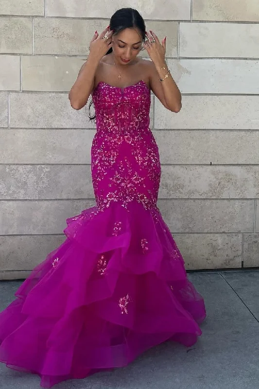 Don't Wait Mermaid Strapless Appliques Scoop Neck Ruched Sleeveless Prom Dress