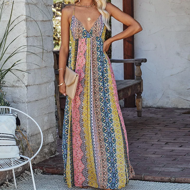 Hurry In Spaghetti Straps Sexy Backless Printed Swing Dress