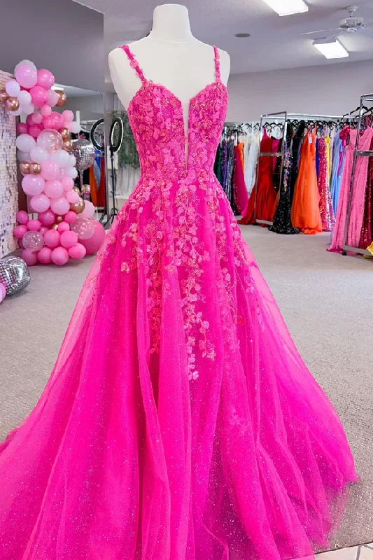 Now or Never Hot Pink Straps A-Line V-Neck Lace Appliques Tulle Long Prom Dress