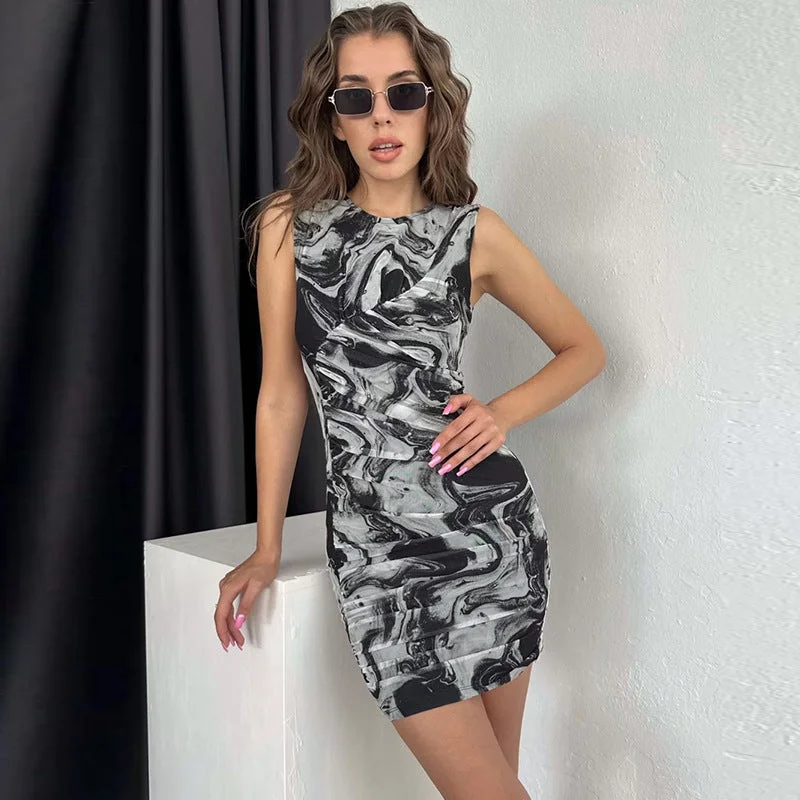 Sale Event Chic Print Round Neck Sleeveless Bodycon Dress