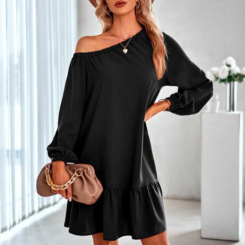 Super Sale Solid Color Off-shoulder Ruffle Hem Dress