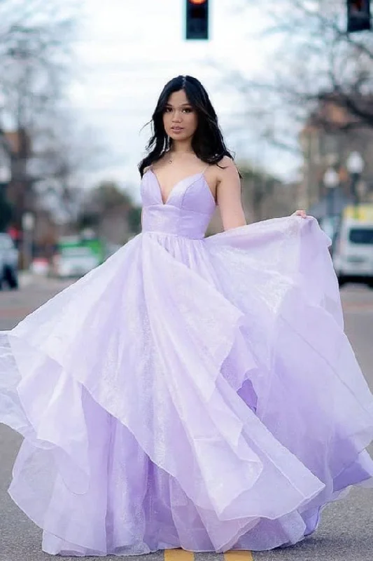 Last Chance Lilac A-Line Spaghetti Straps V-Neck Ruffles Long Prom Dress