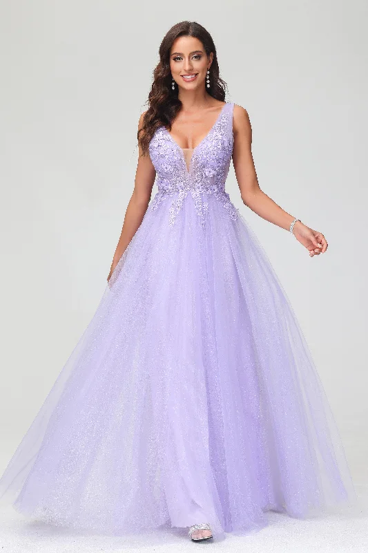 Price Slash A Line Applique V Neck Beaded Tulle Floor Length Dress
