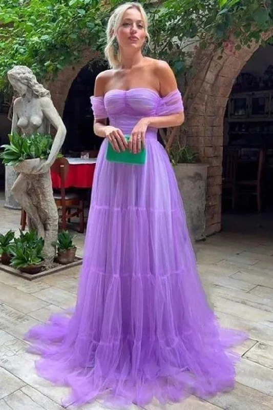 Mega Sale Off-Shoulder Sweetheart A-Line Empire-Waist Tulle Formal Prom Dress