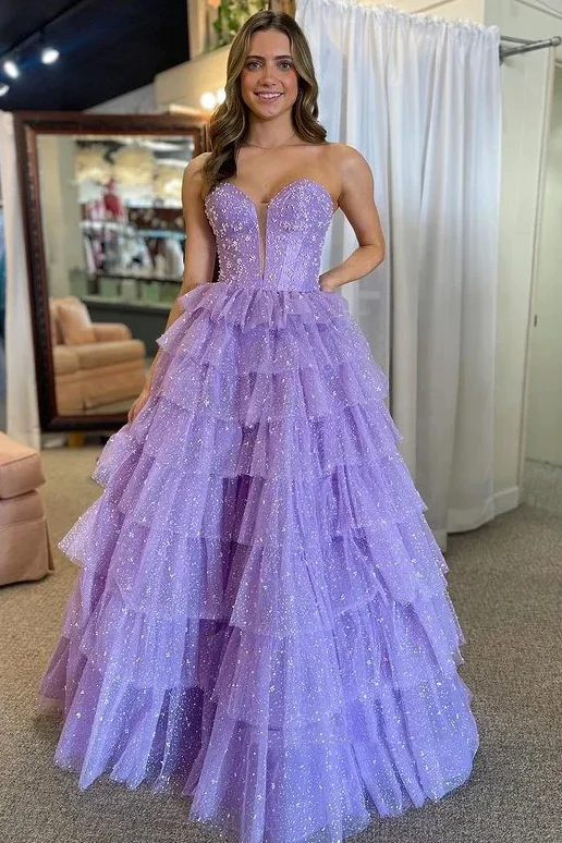 Deal Mania Strapless Sweetheart A-Line Empire-Waist Layered Tulle Long Prom Dress