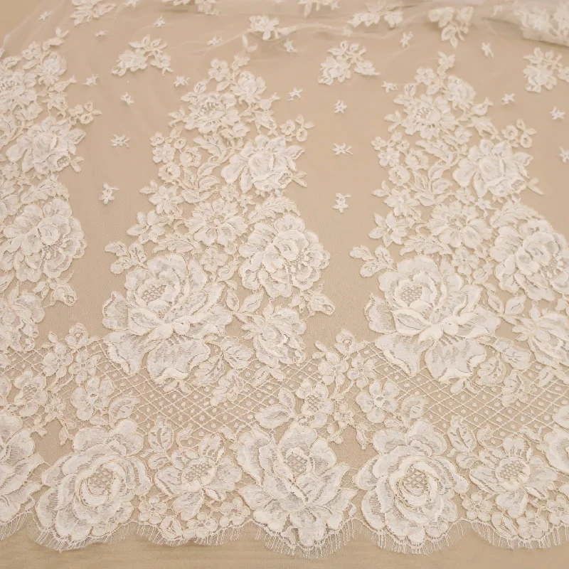 Price Buster Off White and Beige Floral Corded Embroidered Double Scalloped Lace